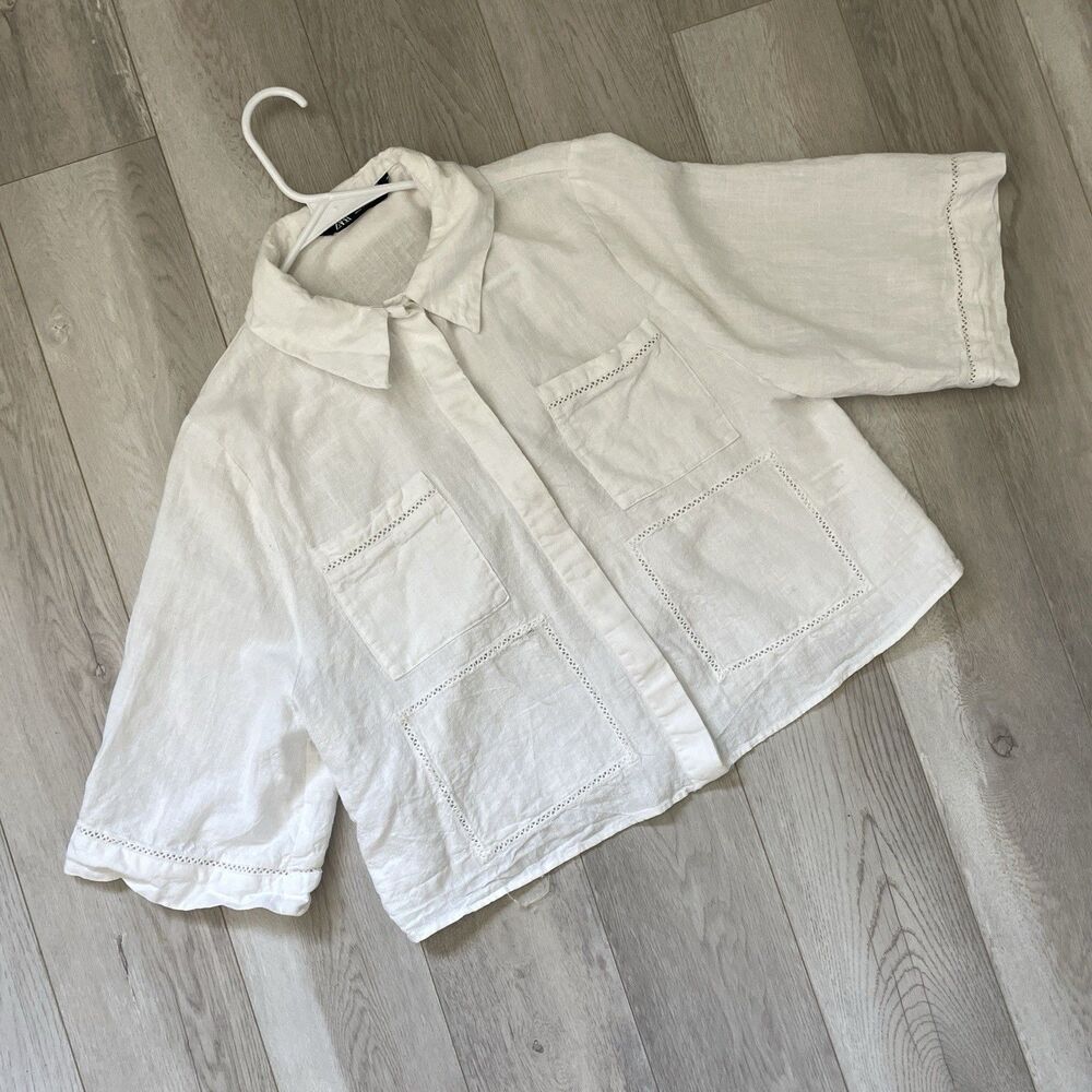 Zara Crop Shirt cotton button up womens White (small) minimalist euro travel